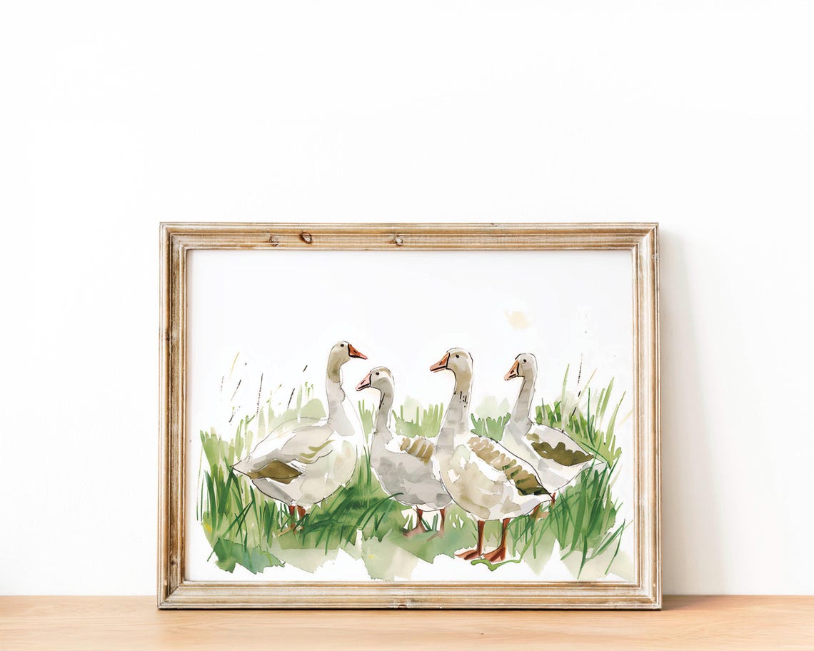 Four White Geese Wandering Through Tall Green Grass Painting Poster