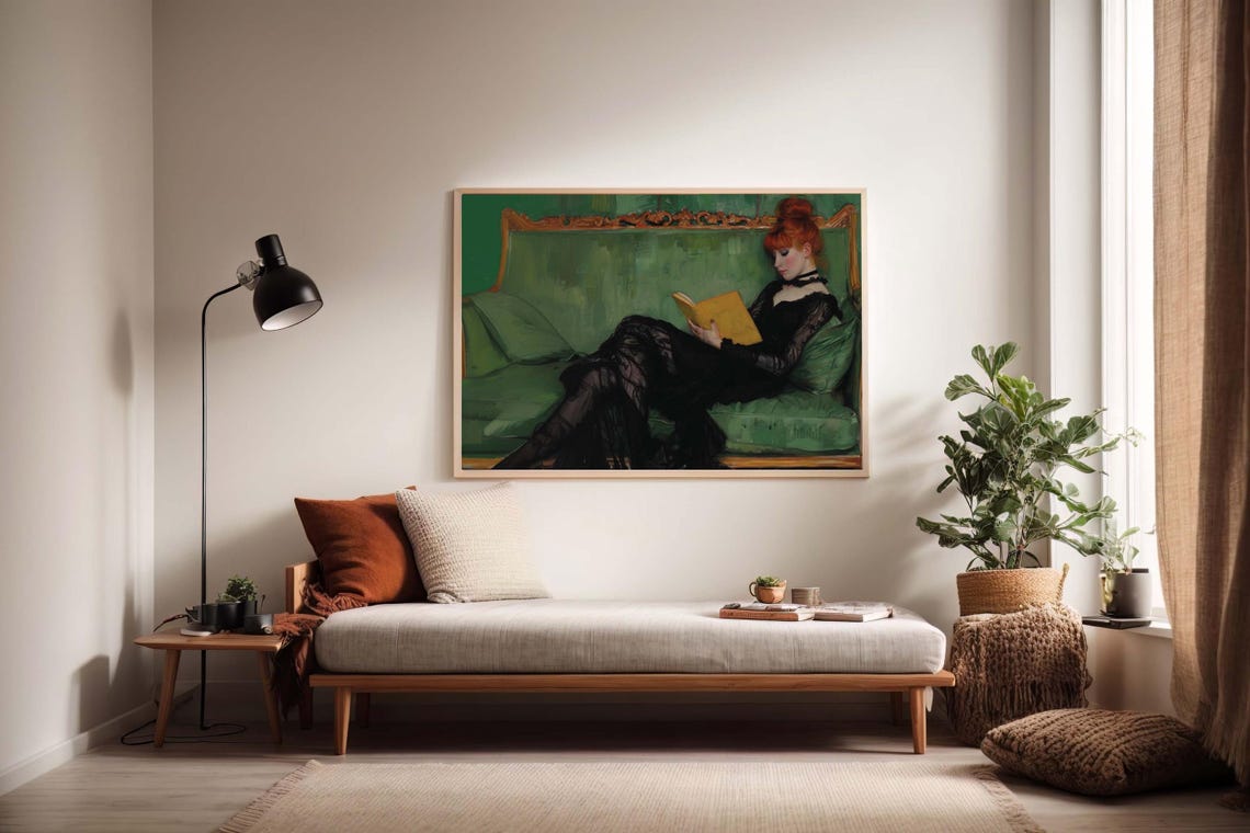Red-Haired Woman Reading a Book on Emerald Sofa Vintage Poster - Image 2