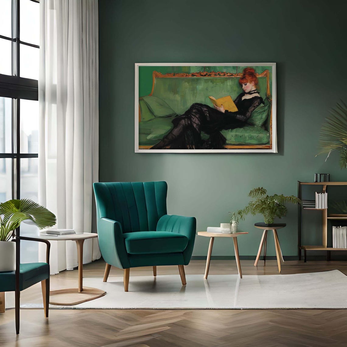 Red-Haired Woman Reading a Book on Emerald Sofa Vintage Poster - Image 4