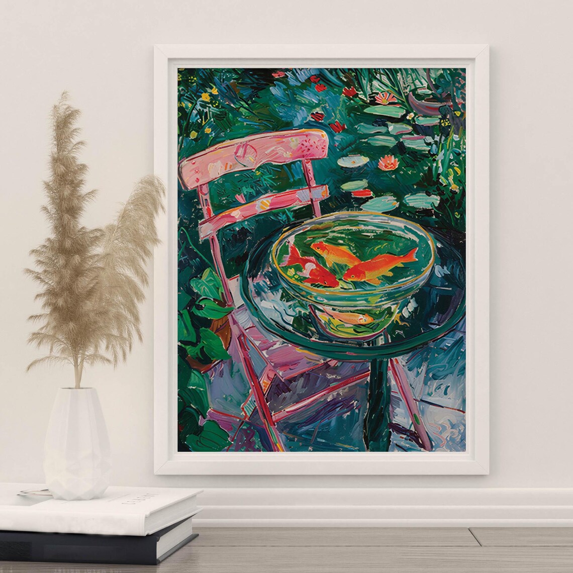 Goldfish Bowl Painting in Blooming Garden Impressionist Art Poster