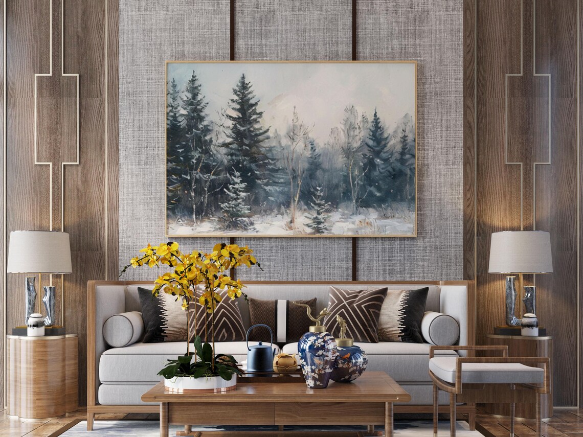 Snowy Pine and Birch Winter Woodland Watercolor Landscape Poster - Image 3