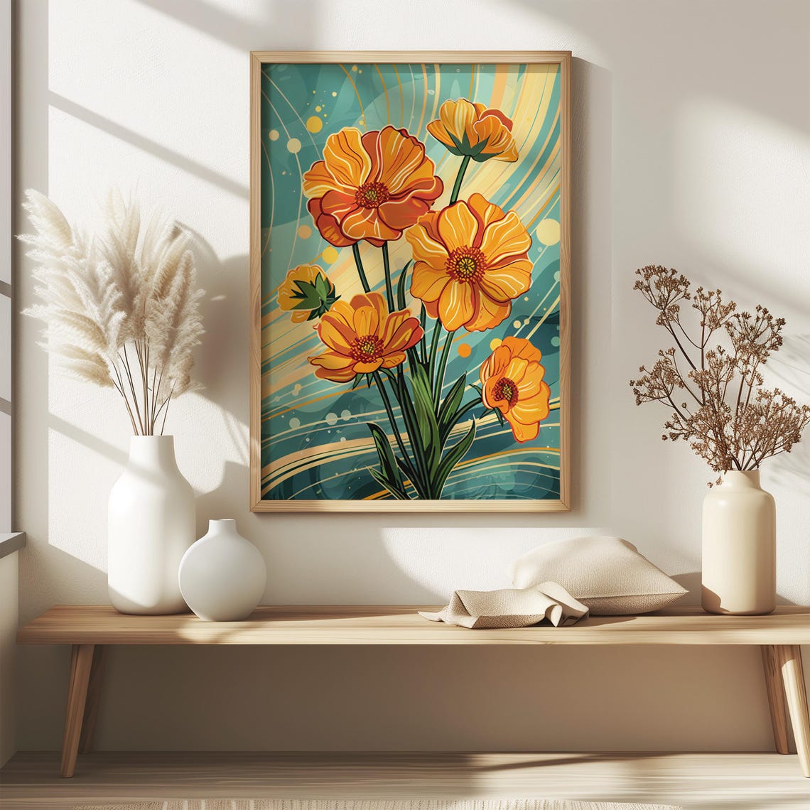 Orange Poppies over Teal Waves Modern Graphic Floral Art Poster - Image 6
