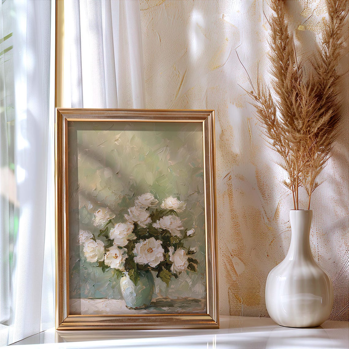 White Roses in a Green Vase Impressionist Oil Painting Poster