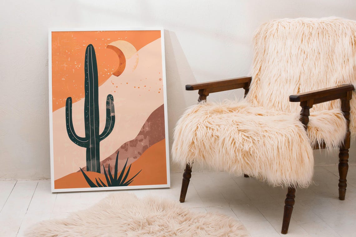 Black Saguaro Silhouette Against an Orange Desert Sun Poster - Image 3