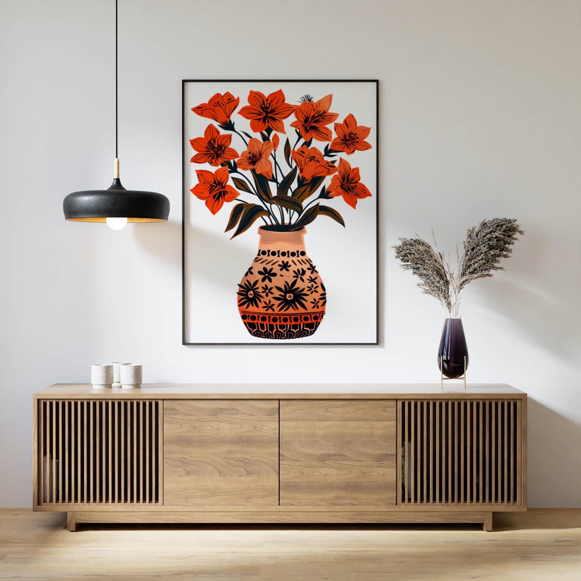 Red Lilies in Patterned Terracotta Vase Folk Art Botanical Poster - Image 3