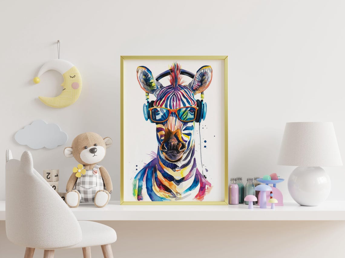 Vibrant Zebra Wearing Orange Glasses and Headphones Watercolor Poster - Image 6