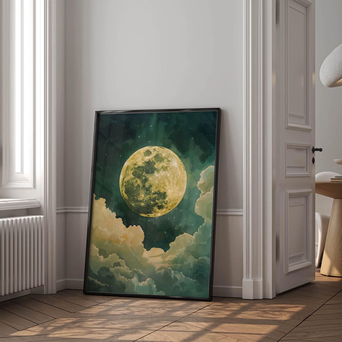 Full Golden Moon Rising Above Cream Clouds Starry Night Poster - Image 2