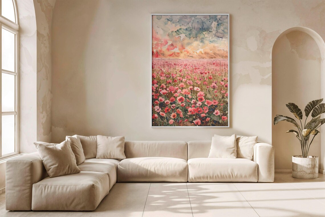 Red Poppy Field at Sunset Watercolor Floral Landscape Art Poster - Image 4