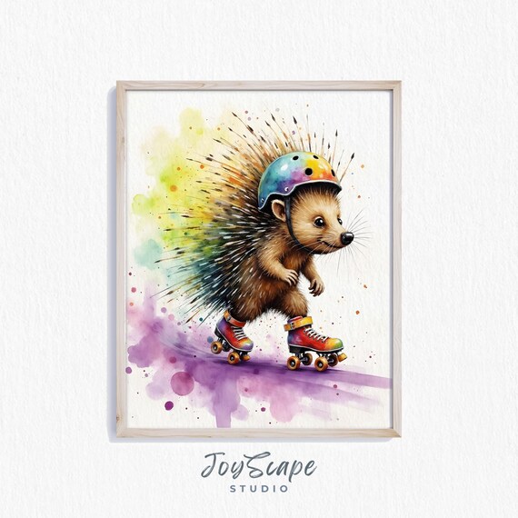 Porcupine Roller Skating With Colorful Helmet Watercolor Poster
