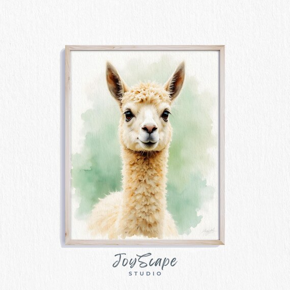 Fluffy Alpaca Watercolor Portrait Pastel Nursery Baby Wall Art