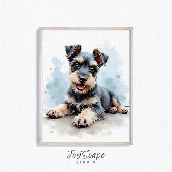 Miniature Schnauzer Puppy Art Cute Dog Portrait Adorable Pet Wall Decor Watercolor Print Home