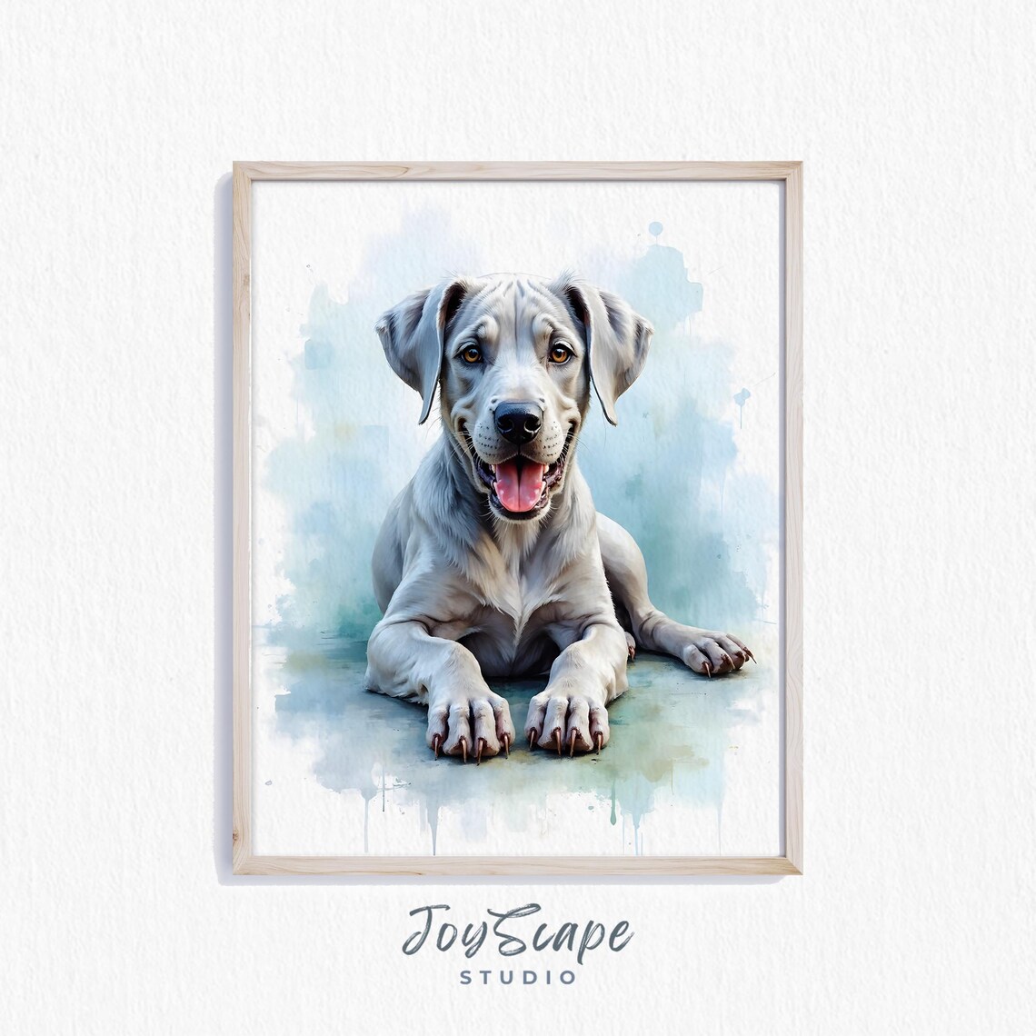 Great Dane Puppy Smiling Watercolor Portrait with Blue Splashes Poster