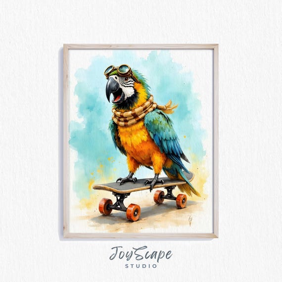 Funny Macaw On Skateboard Watercolor Nursery Wall Art Vibrant Bird