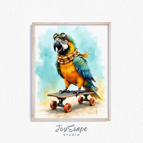 Macaw Parrot Riding Skateboard Watercolor Funny Bird Art Poster