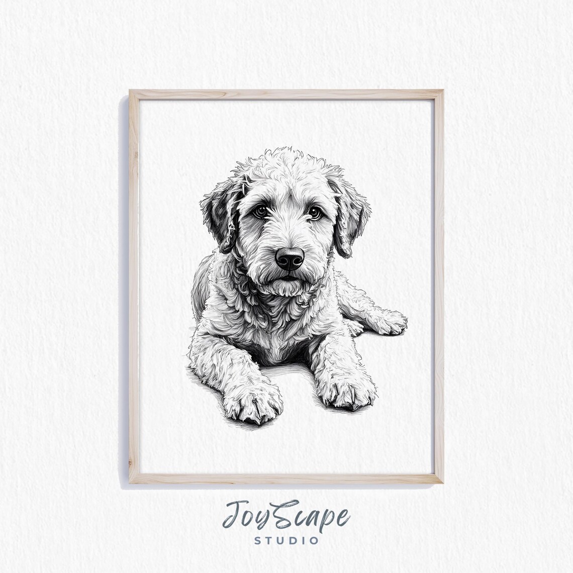 Shaggy Curly Dog Portrait Black and White Sketch Pet Art Poster