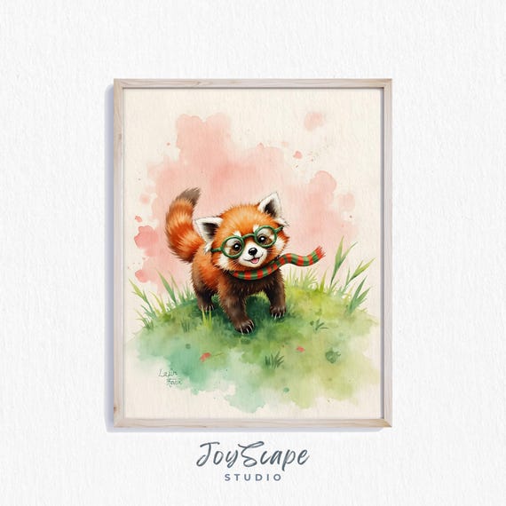 Funny Red Panda Watercolor Print Playful Animal Art Wall Nursery Decor Cute Kids Room Instant 574