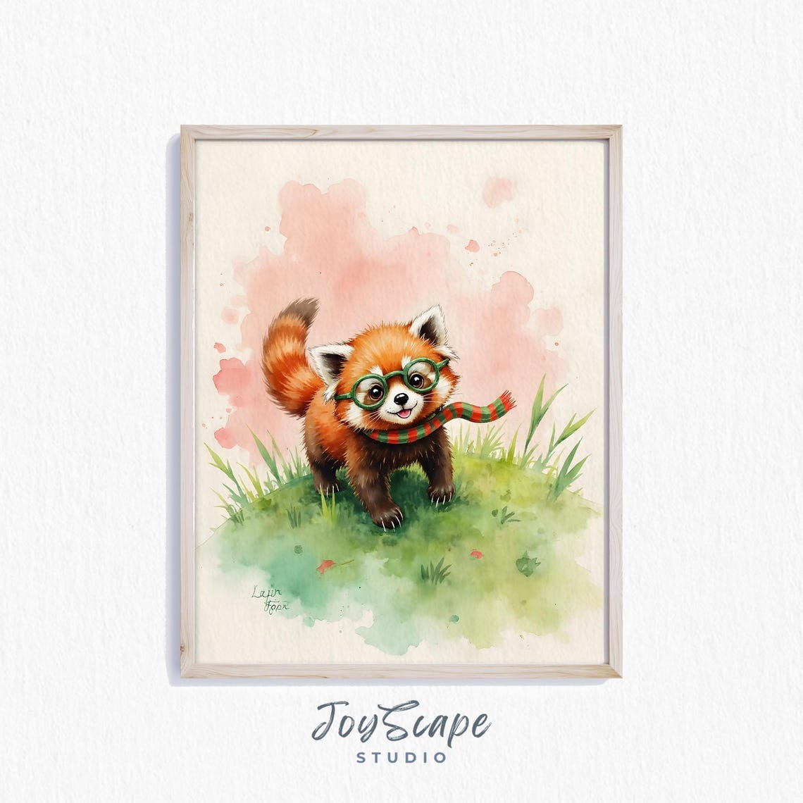 Cute Baby Red Panda With Glasses And Scarf Watercolor Nursery Poster