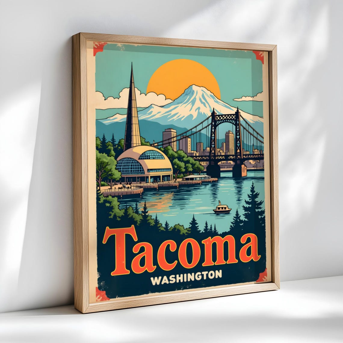Tacoma Washington Mount Rainier And Narrows Bridge Retro Travel Poster