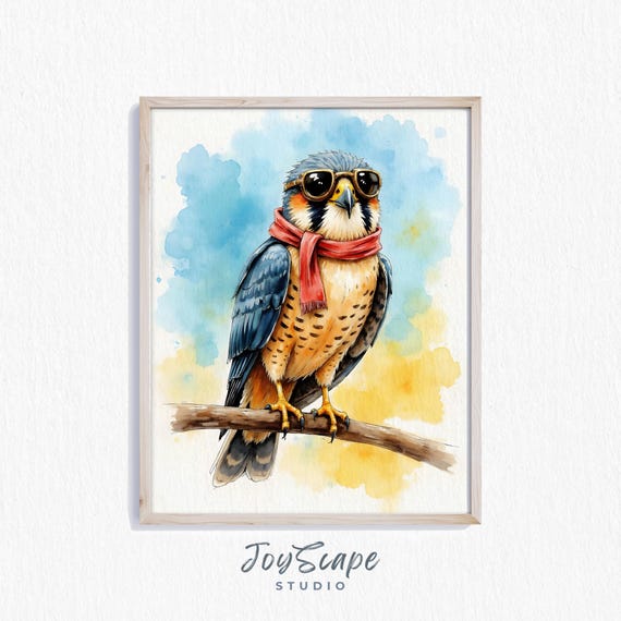 Funny Peregrine Falcon Watercolor Print Charming Bird Art Wall Decor Kids Room Instant Nursery 676