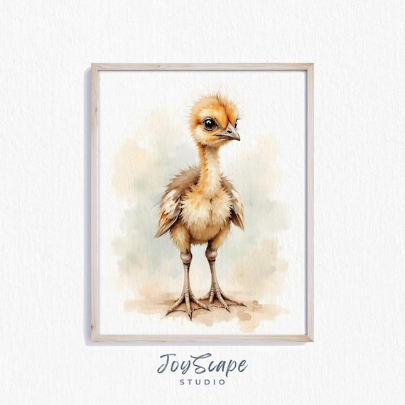 Baby Emu Chick Watercolor Nursery Poster with Cute Fluffy Bird