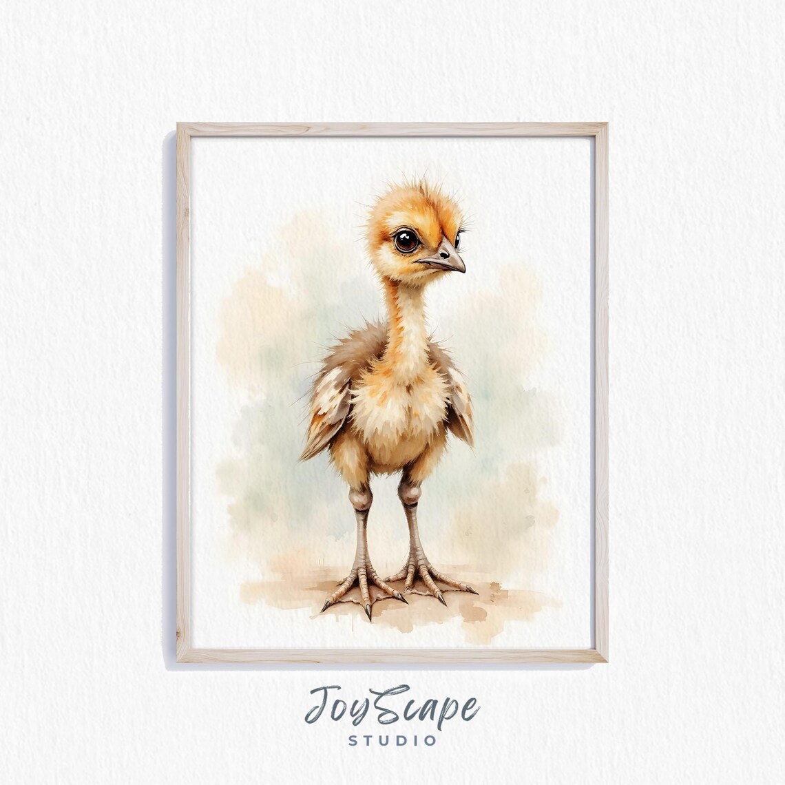 Baby Emu Chick Watercolor Nursery Poster with Cute Fluffy Bird