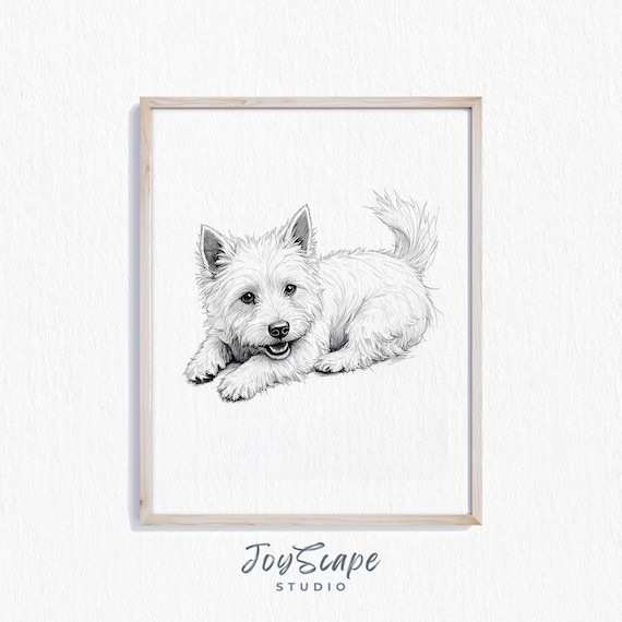 West Highland White Terrier Art Dog Sketch Rustic Puppy Wall Decor Vintage Pet Portrait Illustration Home