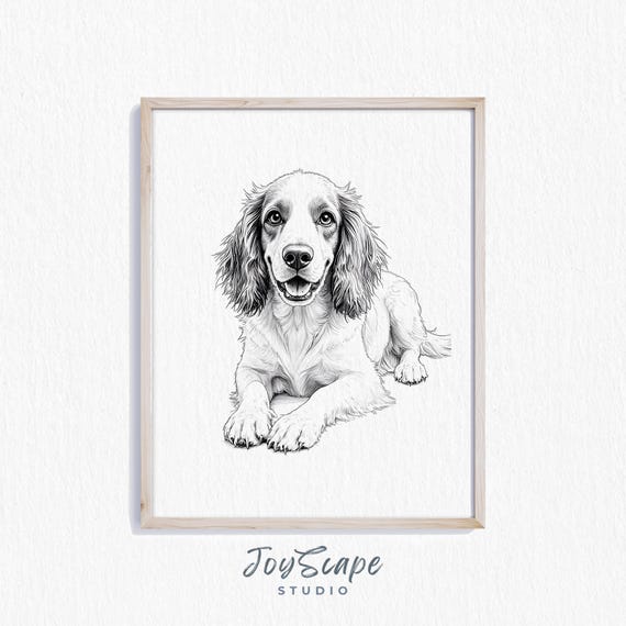 English Springer Spaniel Sketch Dog Art Rustic Pet Decor Nursery Canine Wall Black And White Print