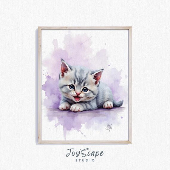 Silver British Shorthair Kitten Watercolor with Blue Eyes Poster