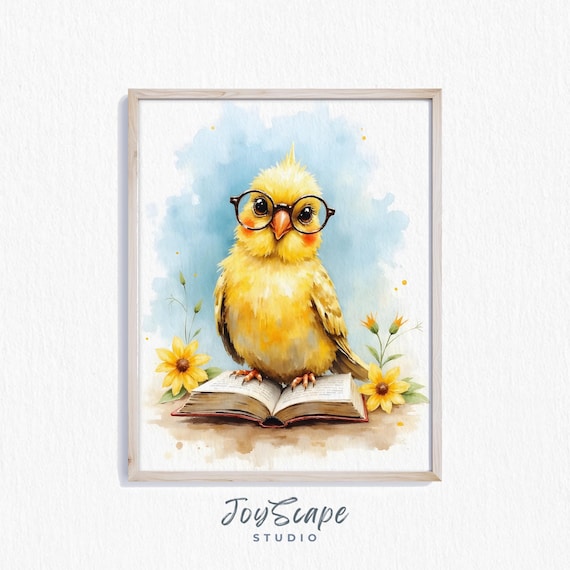 Funny Budgie Watercolor Print Quirky Bird With Glasses Wall Art Cute Nursery Decor Kids Room Instant 508