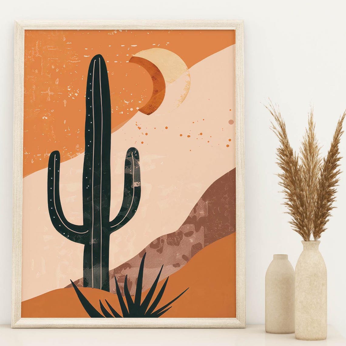 Black Saguaro Silhouette Against an Orange Desert Sun Poster