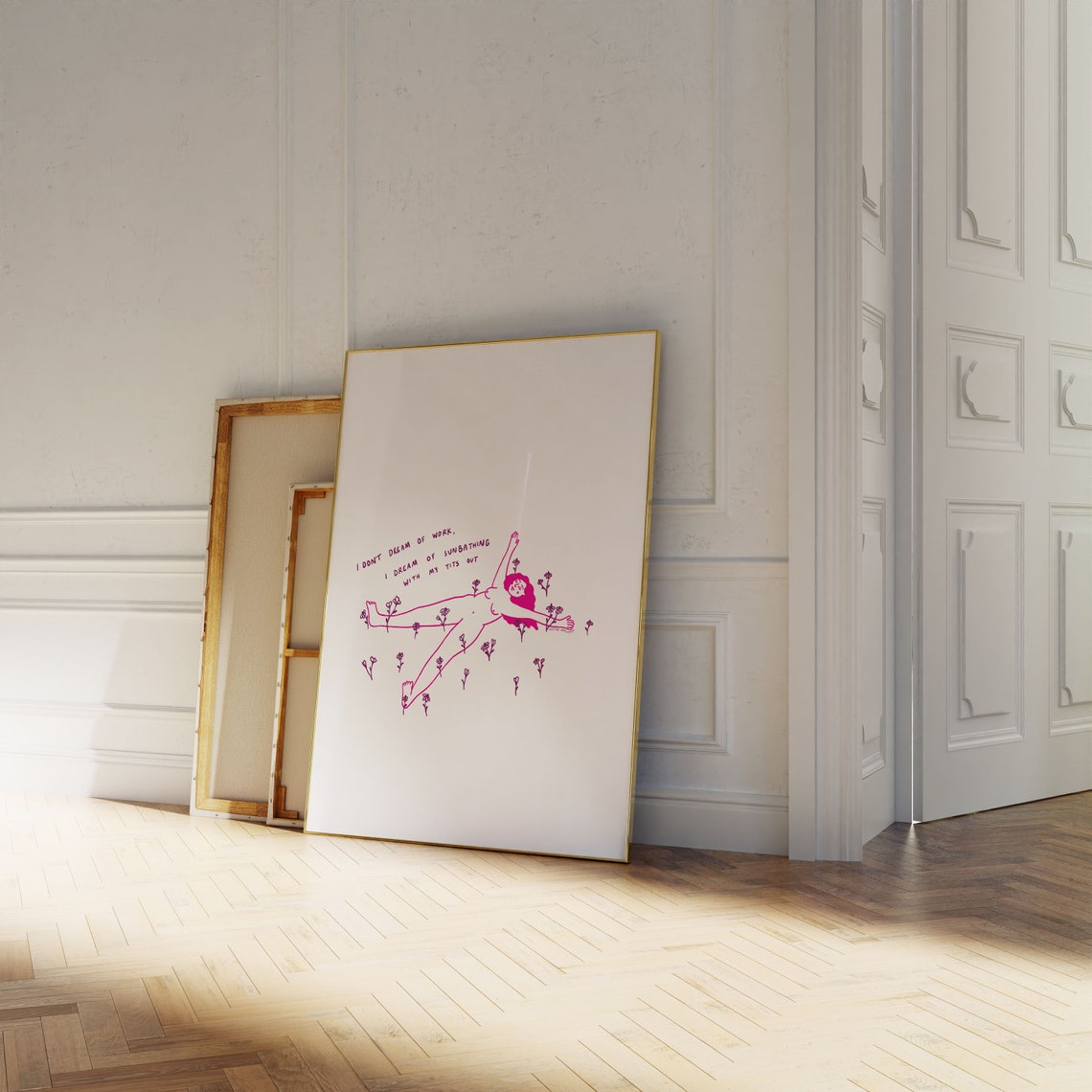 Sunbathing Pink White Feminine Silly Floral Antiwork Funny Illustration Art Print - Image 4