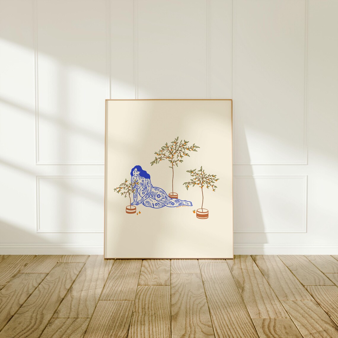 Tangerine Tree Botanical Blue Line Art Woman Illustration Poster - Image 3