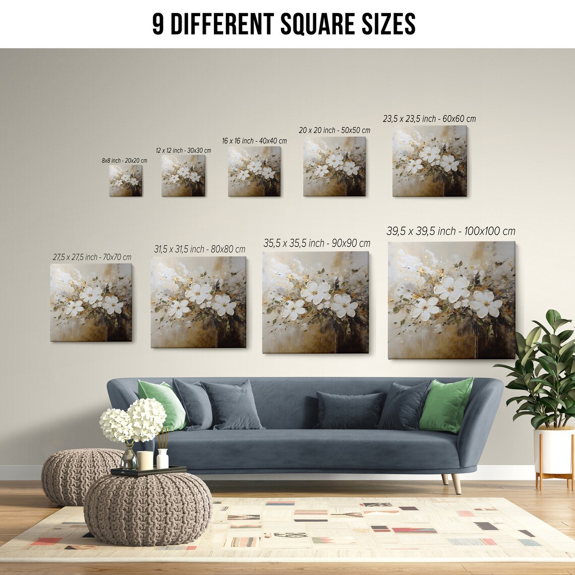 White Blossom Gold Leaf Cream Background Romantic Floral Wall Art - Image 2