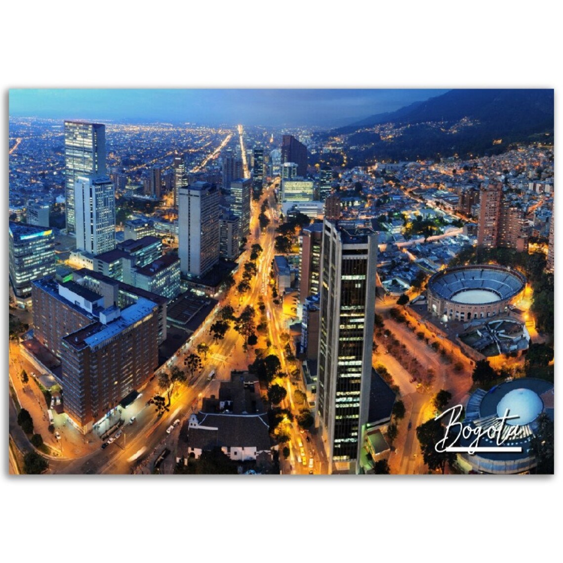 Bogota Colombia Night Cityscape Glowing Lights Aerial Travel Poster