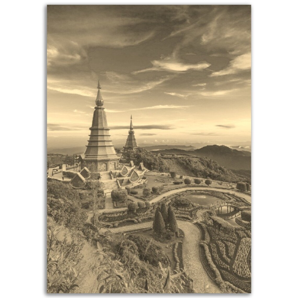 Vintage Chiang Mai Thailand Temple Pagoda Sepia Travel Poster