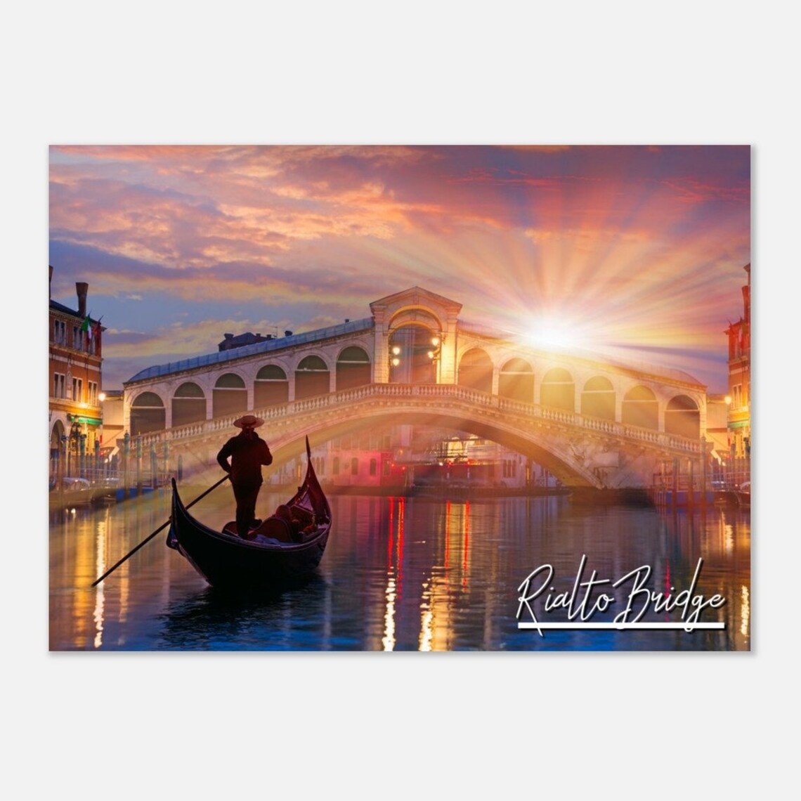 Rialto Bridge Venice Sunset Gondola Canal Italy Travel Photo Poster