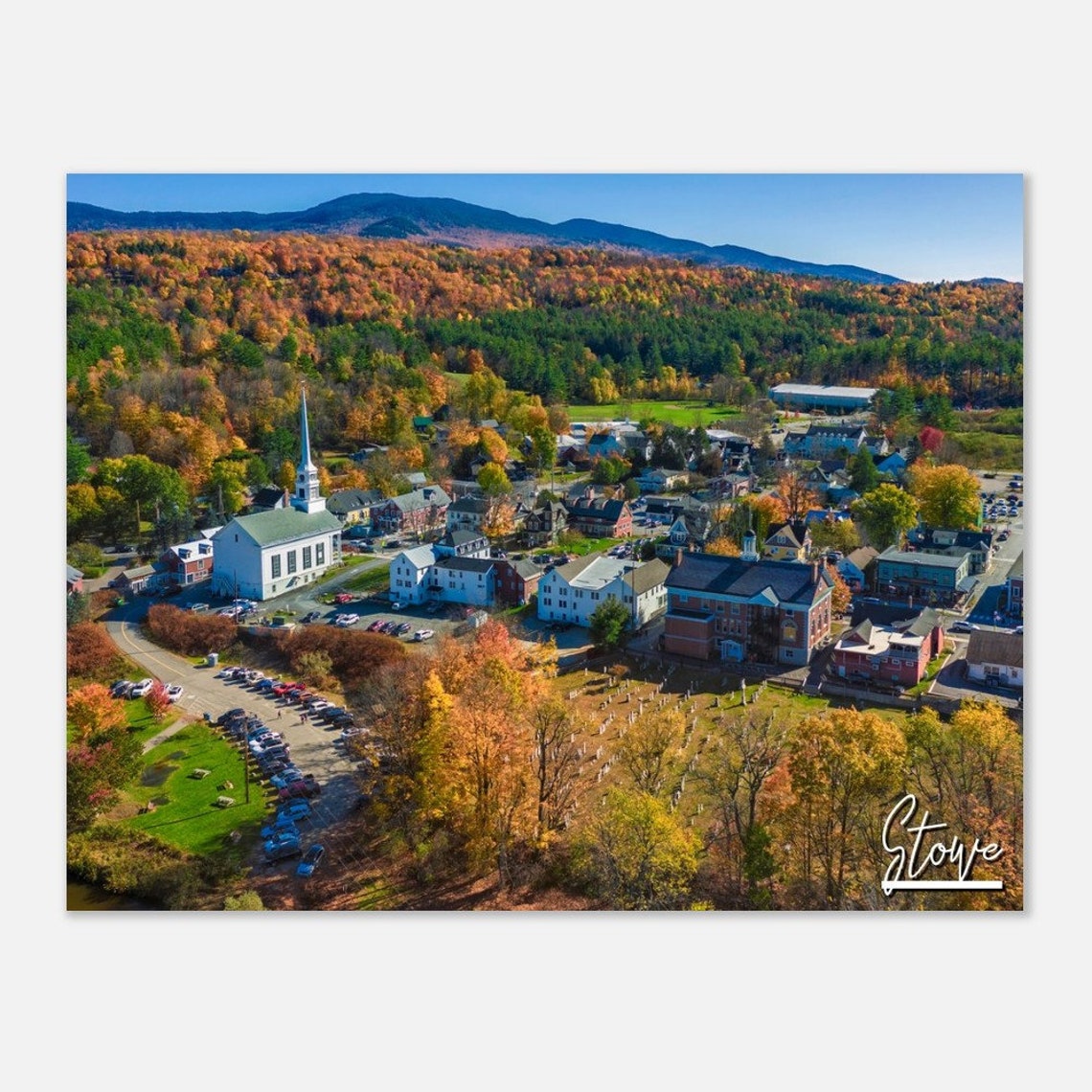 Stowe Vermont Aerial Autumn Fall Foliage Town Landscape Photo Poster