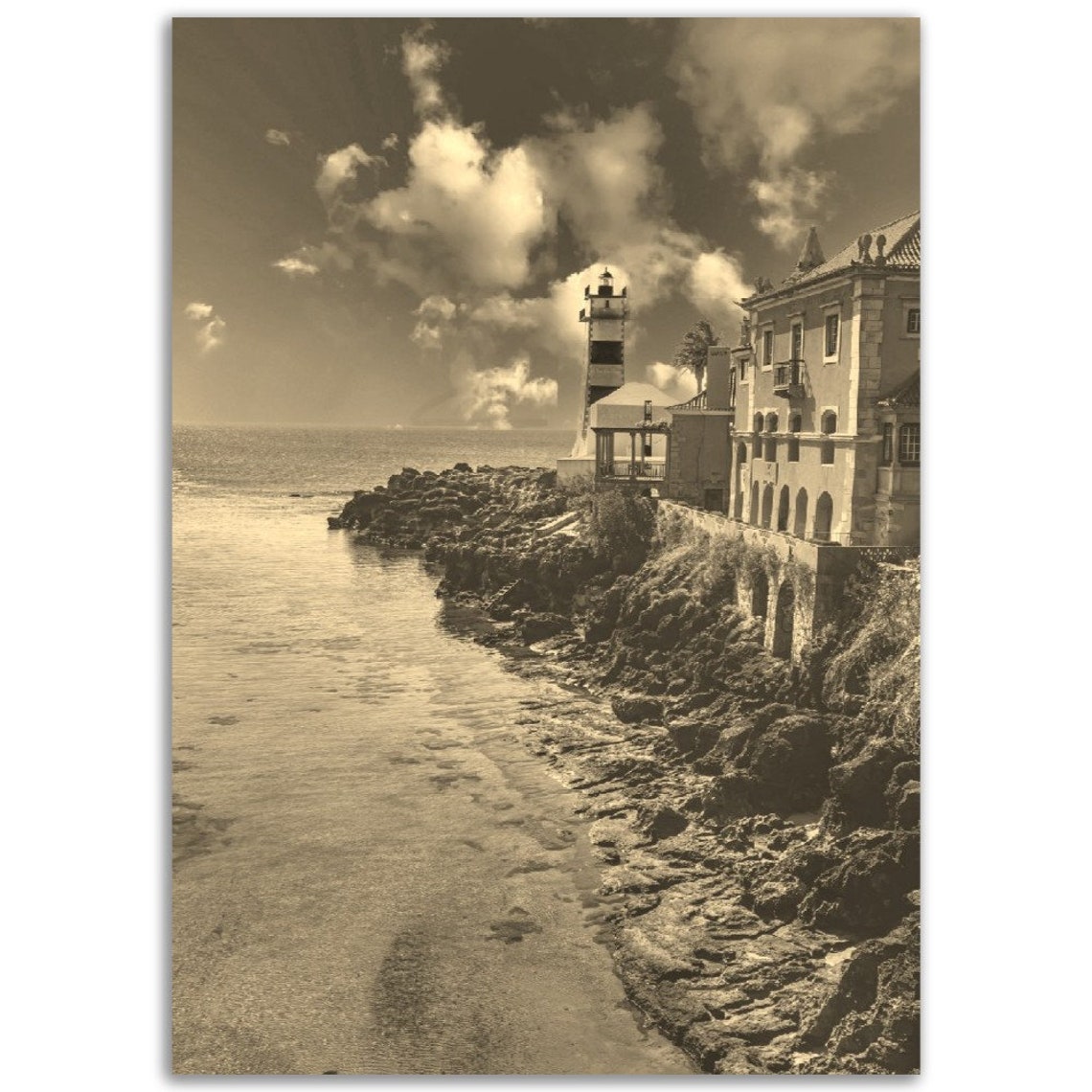 Vintage Cascais Portugal Coast Lighthouse Sepia Travel Poster