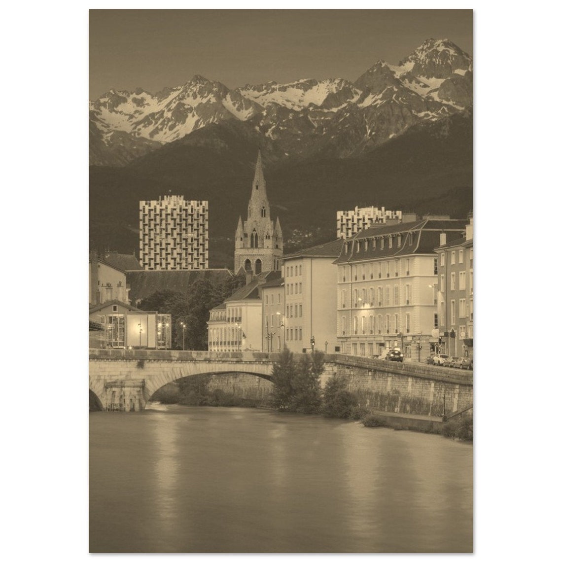 Grenoble France Sepia Alps Mountain River City View Travel Poster