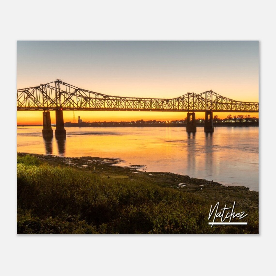 Natchez Mississippi River Bridge Golden Sunset Photo Art Poster