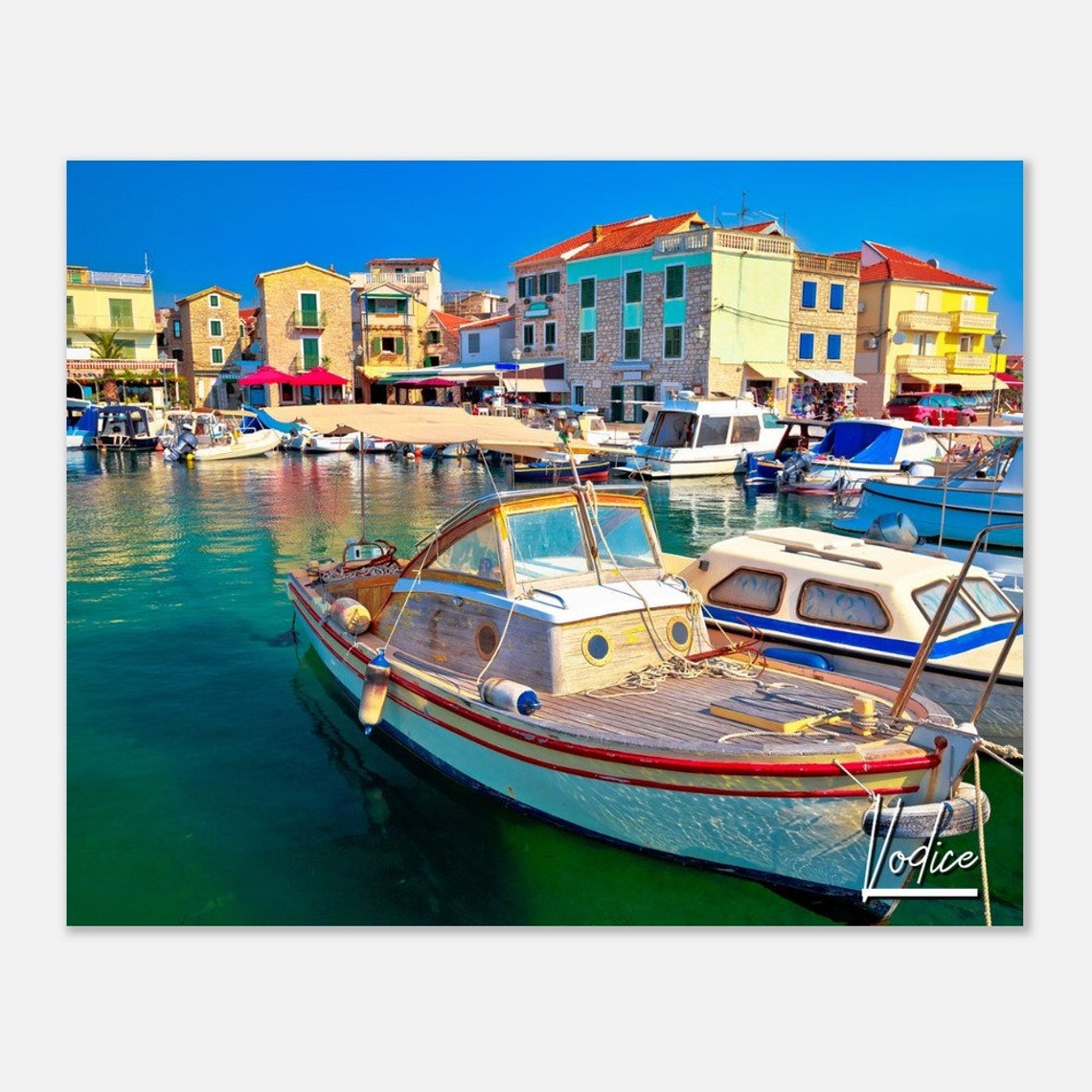 Vodice Croatia Harbor Poster with Colorful Boats and Waterfront