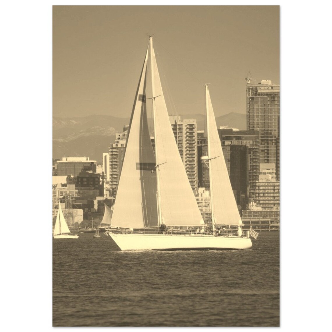 San Diego Harbor Sailboat Sepia Vintage Travel Photo Nautical Poster