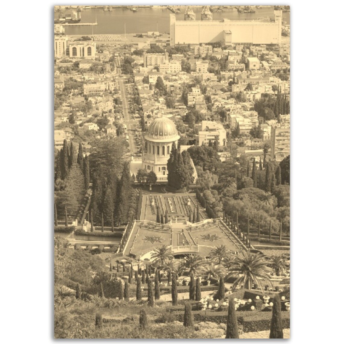 Vintage Sepia Haifa Israel Bahai Gardens Aerial Travel Poster