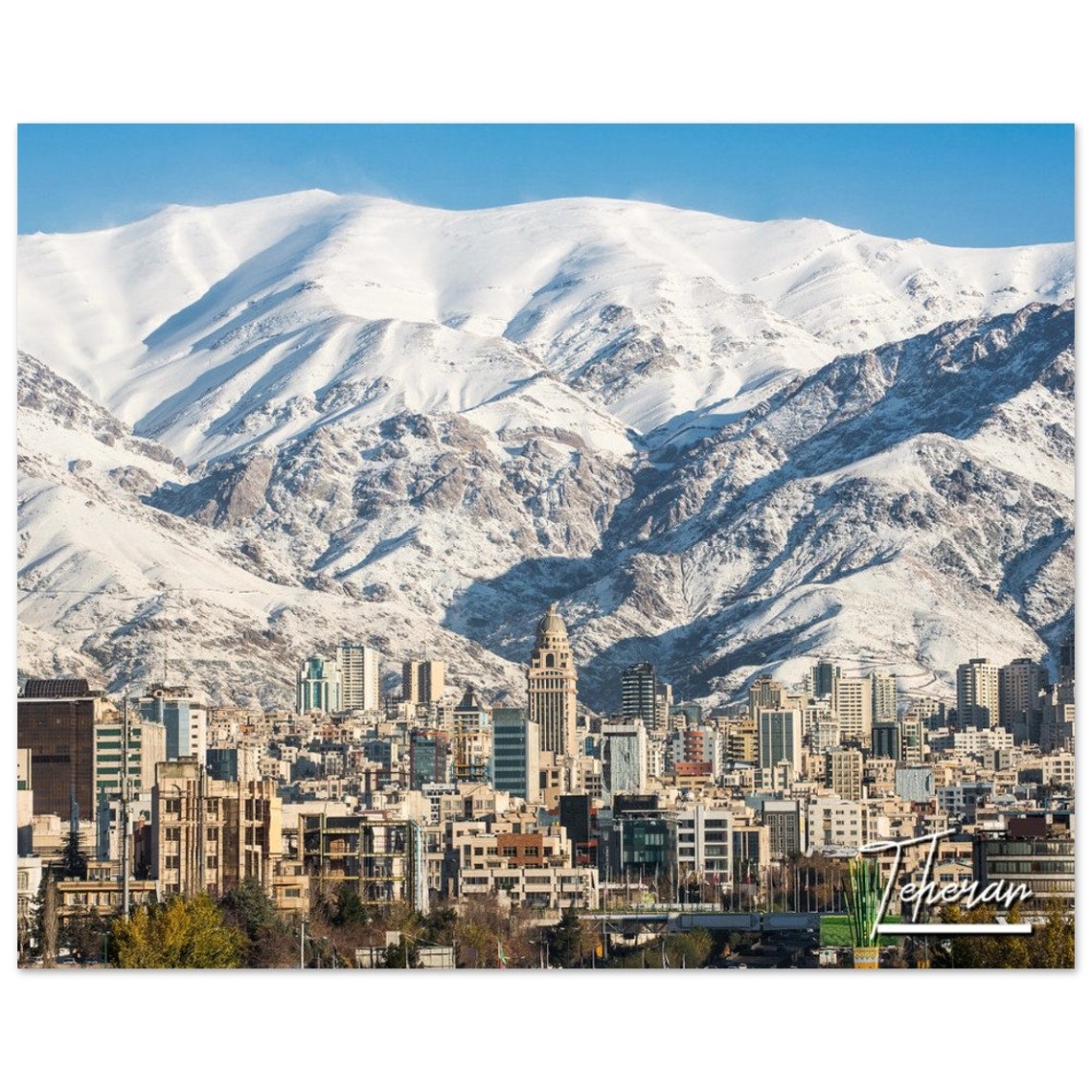 Tehran Iran Cityscape Snow Capped Mountains Skyline Travel Poster