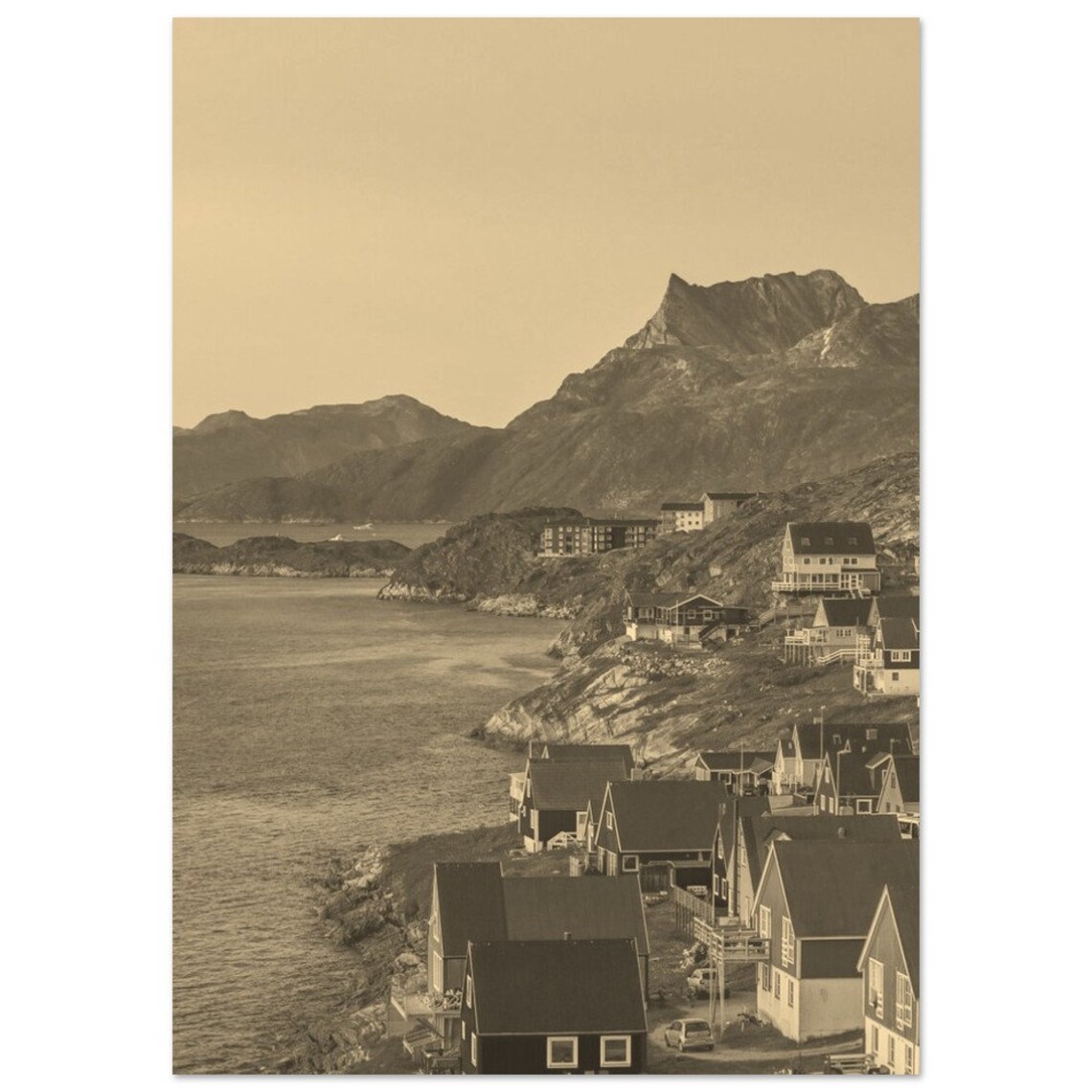 Nuuk Greenland Vintage Sepia Coastal Cliffs Town View Poster