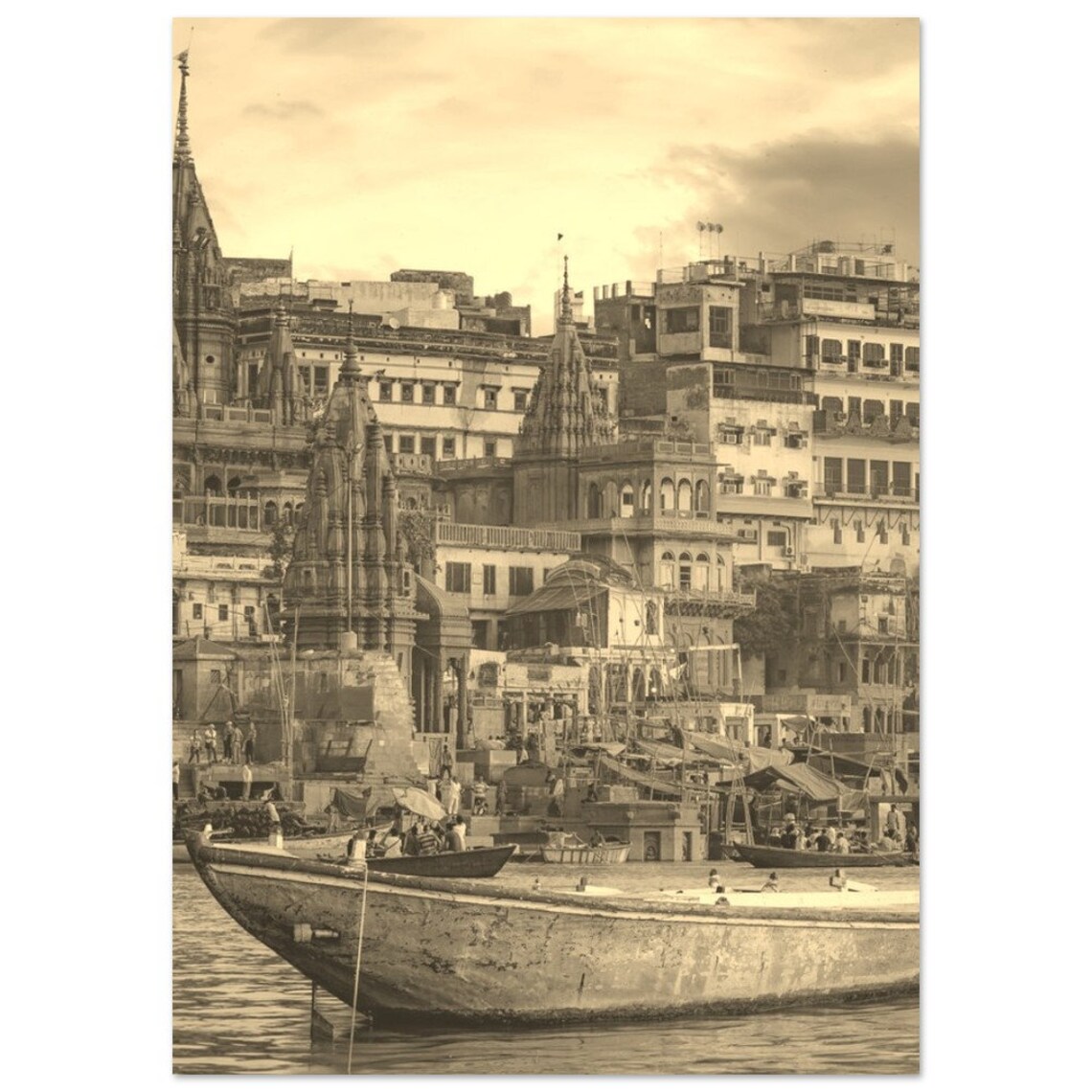 Vintage Varanasi India Ghats and Boats Sepia Travel Photo Poster