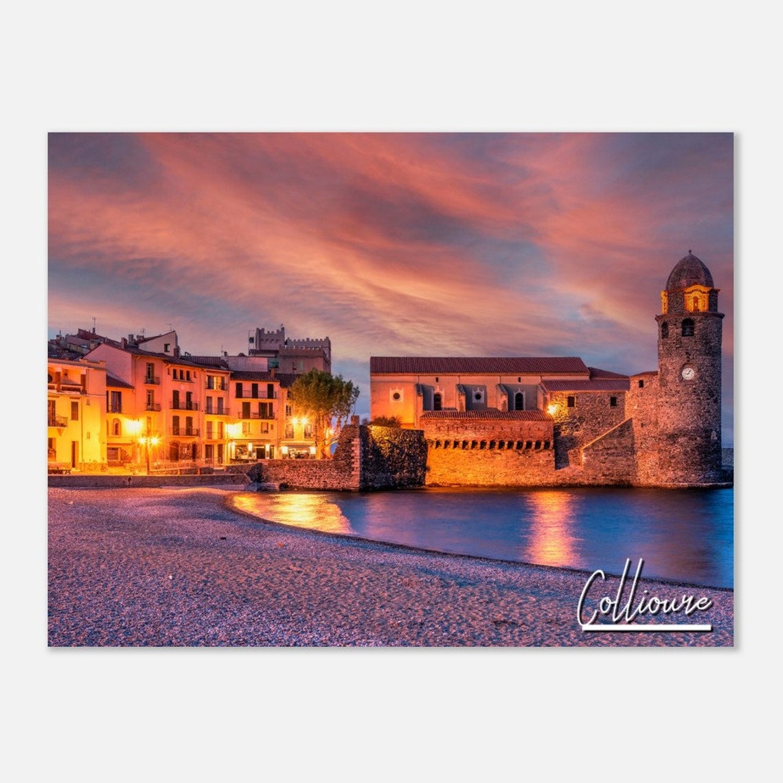 Collioure France Sunset Church Bell Tower Beach Mediterranean Poster