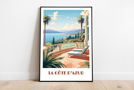Handmade La Cote Dazur Poster Wall Art Retro Travel Framed Birthday Home Made Decor Gift Vector Illustration Print Painting