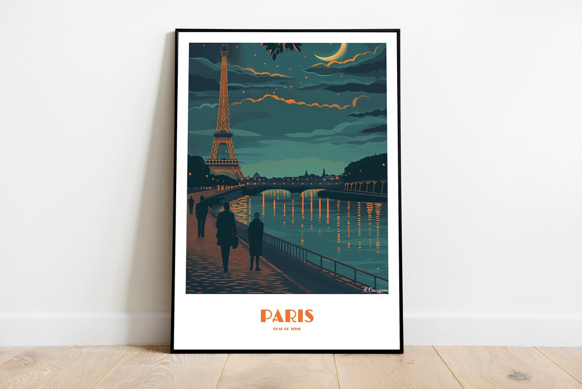 Eiffel Tower at Night on the Seine Quays Paris Travel Poster