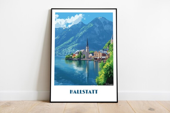 Hallstatt Austria Lakeside Village Alpine Peaks Vintage Travel Poster
